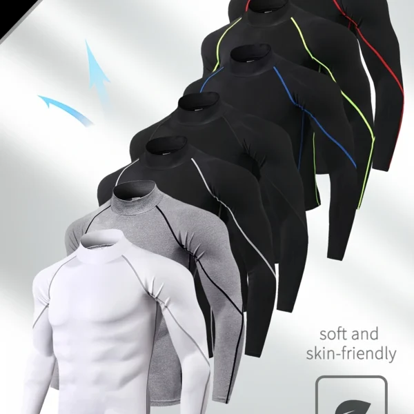 7pcs Set - Men's Warm Anti-cold Long Sleeve Sports Bottoming Top for Outdoor Skiing - Contrast Color Compression Fit