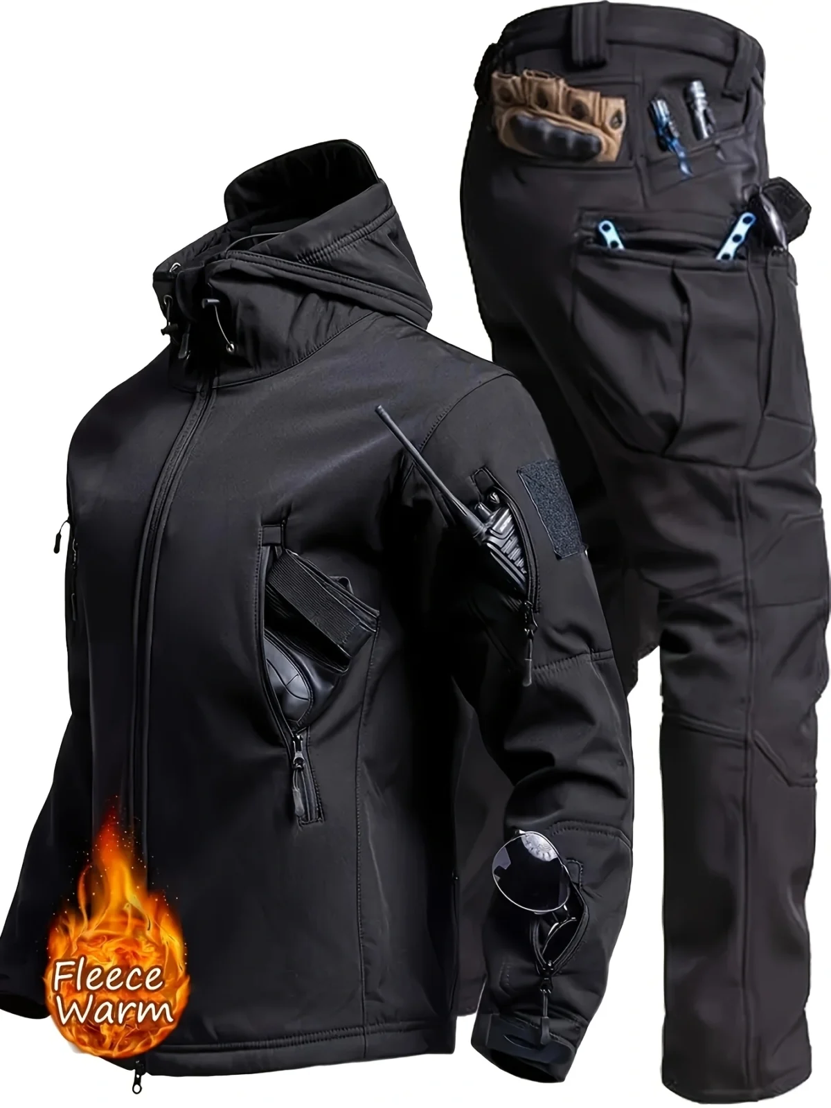 [Winter Tactical Suit] 2pcs Men's Winter Warm Tactical Suit - Heating Jacket and Pants with Multiple Pockets, Windproof Zipper, Hat - Casual Sports Set for Outdoor Activities, Outdoor Work and Training - Image 2