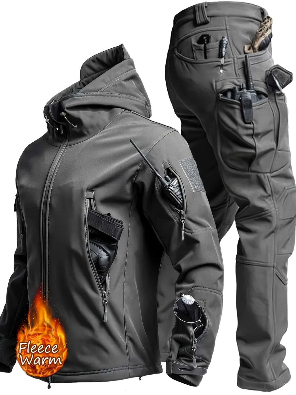 [Winter Tactical Suit] 2pcs Men's Winter Warm Tactical Suit - Heating Jacket and Pants with Multiple Pockets, Windproof Zipper, Hat - Casual Sports Set for Outdoor Activities, Outdoor Work and Training - Image 3